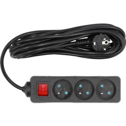 Vorel Extensie cu trei cai, impamantata, cu intrerupator 5 m negru